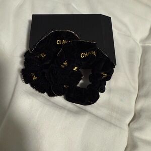 CHANEL 2pack of Scrunchies with gold Chanel written all around them! With box!